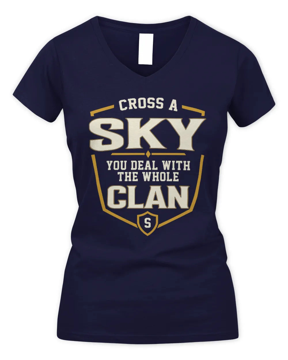SKY NT1-K008 Cross A/An NAME, You Deal With the Whole Clan | Personalized Vintage T-Shirt - Women's V-Neck T-Shirt - Navy