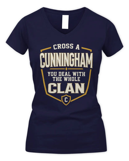 CUNNINGHAM NT1-K008 Cross A/An NAME, You Deal With the Whole Clan | Personalized Vintage T-Shirt - Women's V-Neck T-Shirt - Navy