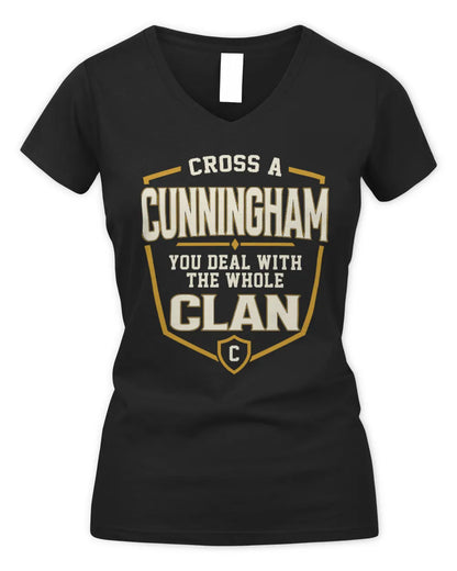 CUNNINGHAM NT1-K008 Cross A/An NAME, You Deal With the Whole Clan | Personalized Vintage T-Shirt - Women's V-Neck T-Shirt - Black
