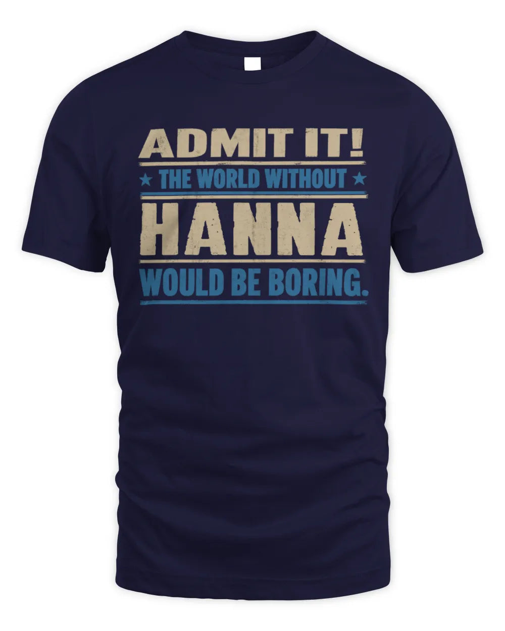 HANNA TP68-K2-968 – Personalized Funny Quote Apparel “The World Without NAME Would Be Boring” - Unisex Standard T-Shirt - Navy