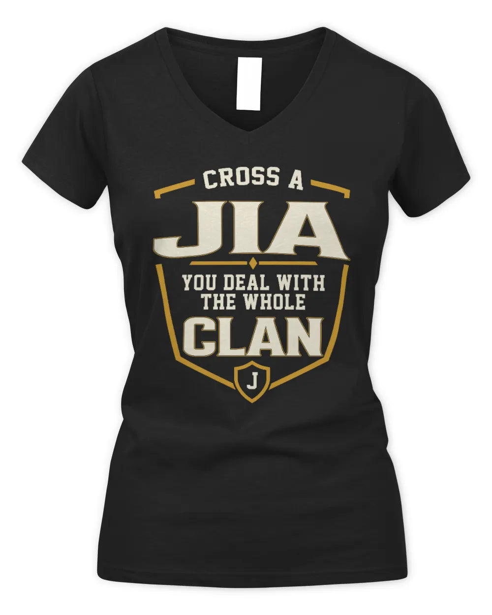 JIA NT1-K008 Cross A/An NAME, You Deal With the Whole Clan | Personalized Vintage T-Shirt - Women's V-Neck T-Shirt - Black