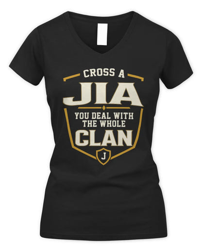 JIA NT1-K008 Cross A/An NAME, You Deal With the Whole Clan | Personalized Vintage T-Shirt - Women's V-Neck T-Shirt - Black