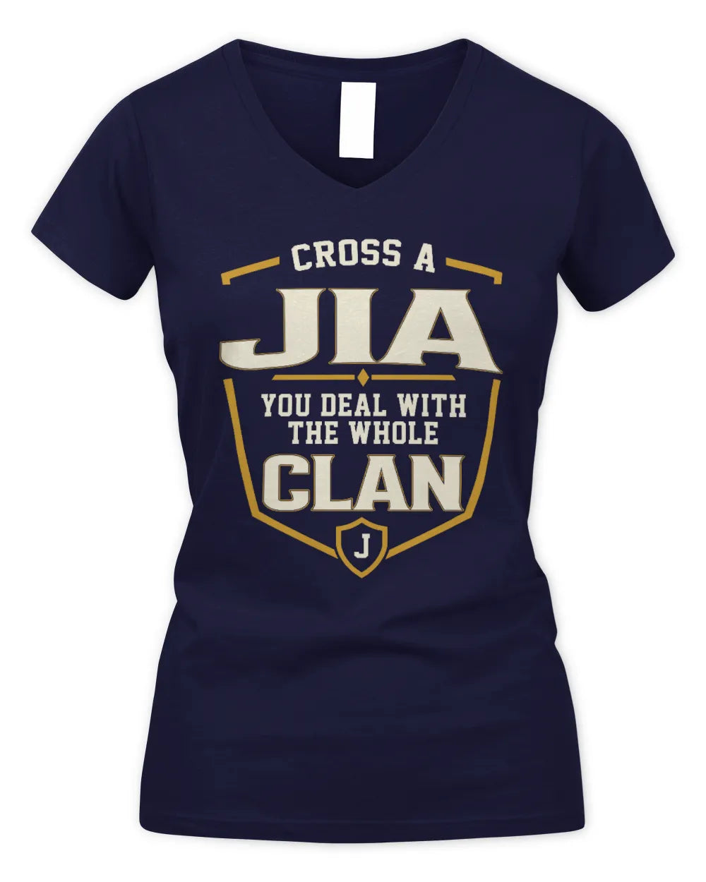 JIA NT1-K008 Cross A/An NAME, You Deal With the Whole Clan | Personalized Vintage T-Shirt - Women's V-Neck T-Shirt - Navy