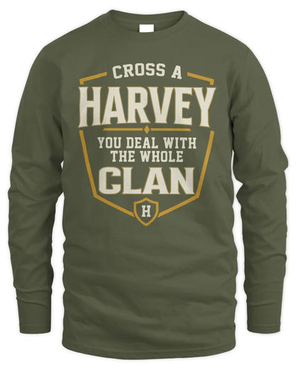HARVEY NT1-K008 Cross A/An NAME, You Deal With the Whole Clan | Personalized Vintage T-Shirt - Men's Long Sleeved T-Shirt - Military Green
