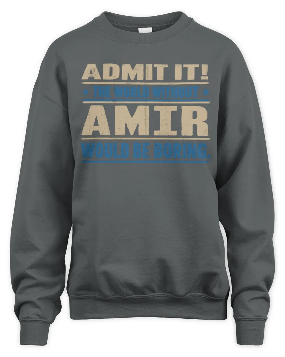 AMIR TP68-K2-968 – Personalized Funny Quote Apparel “The World Without NAME Would Be Boring” - Unisex Sweatshirt - Charcoal