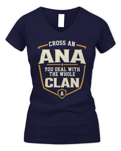 ANA NT1-K008 Cross A/An NAME, You Deal With the Whole Clan | Personalized Vintage T-Shirt - Women's V-Neck T-Shirt - Navy