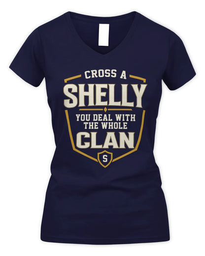 SHELLY NT1-K008 Cross A/An NAME, You Deal With the Whole Clan | Personalized Vintage T-Shirt - Women's V-Neck T-Shirt - Navy