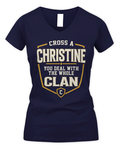 CHRISTINE NT1-K008 Cross A/An NAME, You Deal With the Whole Clan | Personalized Vintage T-Shirt - Women's V-Neck T-Shirt - Navy