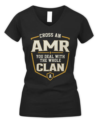 AMR NT1-K008 Cross A/An NAME, You Deal With the Whole Clan | Personalized Vintage T-Shirt - Women's V-Neck T-Shirt - Black