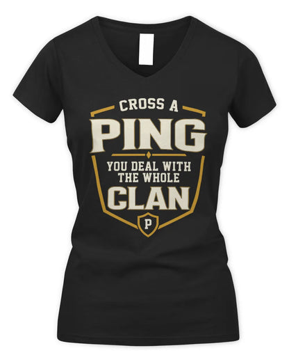 PING NT1-K008 Cross A/An NAME, You Deal With the Whole Clan | Personalized Vintage T-Shirt - Women's V-Neck T-Shirt - Black