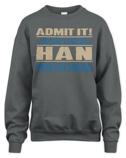 HAN TP68-K2-968 – Personalized Funny Quote Apparel “The World Without NAME Would Be Boring” - Unisex Sweatshirt - Charcoal