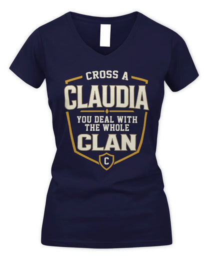 CLAUDIA NT1-K008 Cross A/An NAME, You Deal With the Whole Clan | Personalized Vintage T-Shirt - Women's V-Neck T-Shirt - Navy