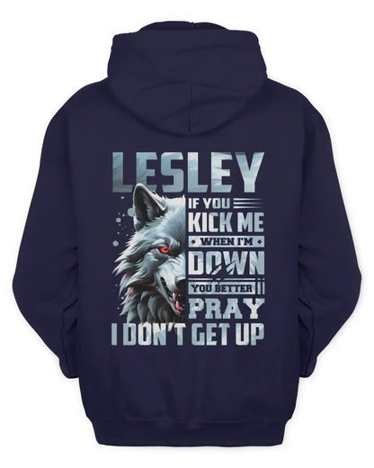 LESLEY AP62-K4-666 - Personalized Fierce Wolf Quote Apparel “If You Kick Me When I’m Down, You Better Pray I Don’t Get Up” - Unisex Hoodie - Navy