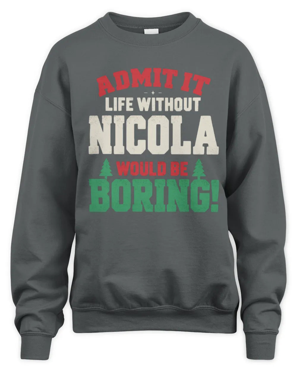 NICOLA P5 TH08 Christmas T-Shirt – “Life Without NAME Would Be Boring” - Unisex Sweatshirt - Charcoal