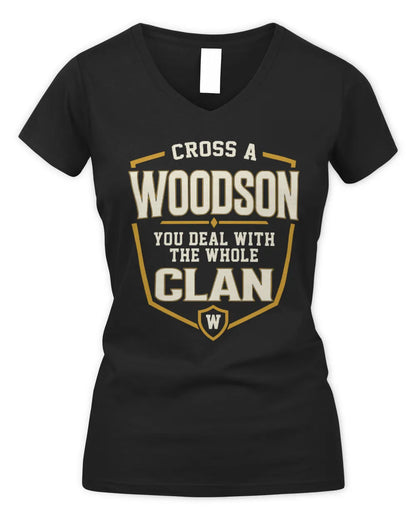 WOODSON NT1-K008 Cross A/An NAME, You Deal With the Whole Clan | Personalized Vintage T-Shirt - Women's V-Neck T-Shirt - Black