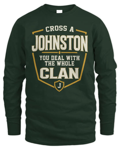 JOHNSTON NT1-K008 Cross A/An NAME, You Deal With the Whole Clan | Personalized Vintage T-Shirt - Men's Long Sleeved T-Shirt - Forest Green