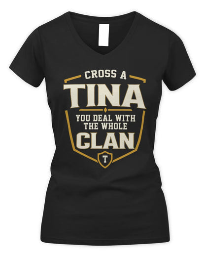 TINA NT1-K008 Cross A/An NAME, You Deal With the Whole Clan | Personalized Vintage T-Shirt - Women's V-Neck T-Shirt - Black