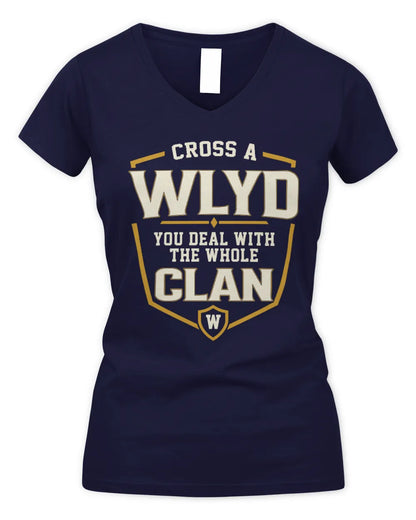 WLYD NT1-K008 Cross A/An NAME, You Deal With the Whole Clan | Personalized Vintage T-Shirt - Women's V-Neck T-Shirt - Navy