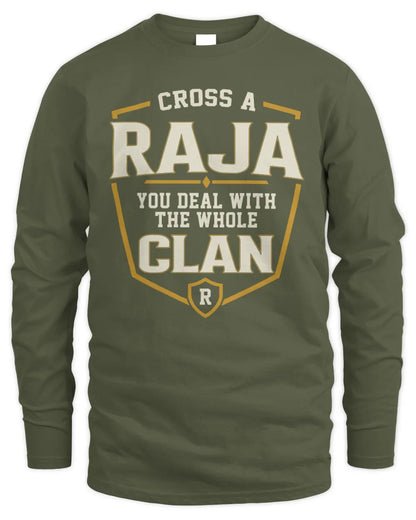RAJA NT1-K008 Cross A/An NAME, You Deal With the Whole Clan | Personalized Vintage T-Shirt - Men's Long Sleeved T-Shirt - Military Green