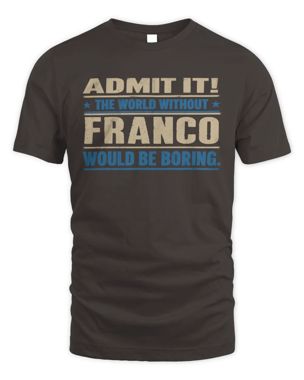 FRANCO TP68-K2-968 – Personalized Funny Quote Apparel “The World Without NAME Would Be Boring” - Unisex Standard T-Shirt - Dark Chocolate