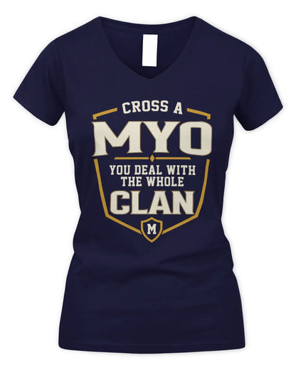 MYO NT1-K008 Cross A/An NAME, You Deal With the Whole Clan | Personalized Vintage T-Shirt - Women's V-Neck T-Shirt - Navy
