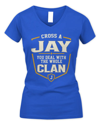 JAY NT1-K008 Cross A/An NAME, You Deal With the Whole Clan | Personalized Vintage T-Shirt - Women's V-Neck T-Shirt - Royal
