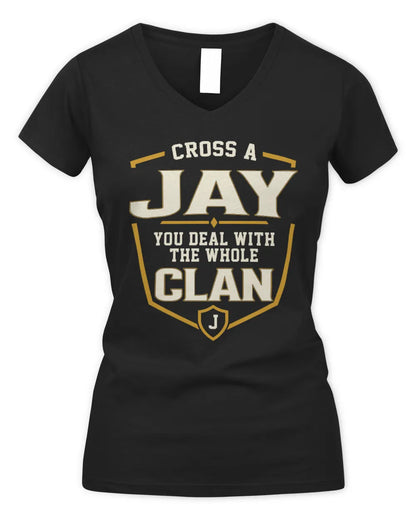 JAY NT1-K008 Cross A/An NAME, You Deal With the Whole Clan | Personalized Vintage T-Shirt - Women's V-Neck T-Shirt - Black