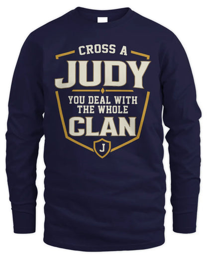 JUDY NT1-K008 Cross A/An NAME, You Deal With the Whole Clan | Personalized Vintage T-Shirt - Men's Long Sleeved T-Shirt - Navy