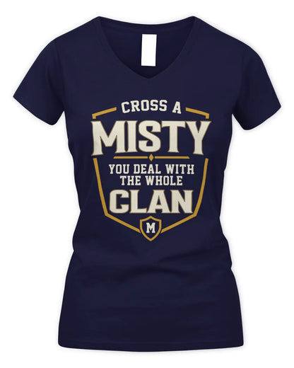 MISTY NT1-K008 Cross A/An NAME, You Deal With the Whole Clan | Personalized Vintage T-Shirt - Women's V-Neck T-Shirt - Navy
