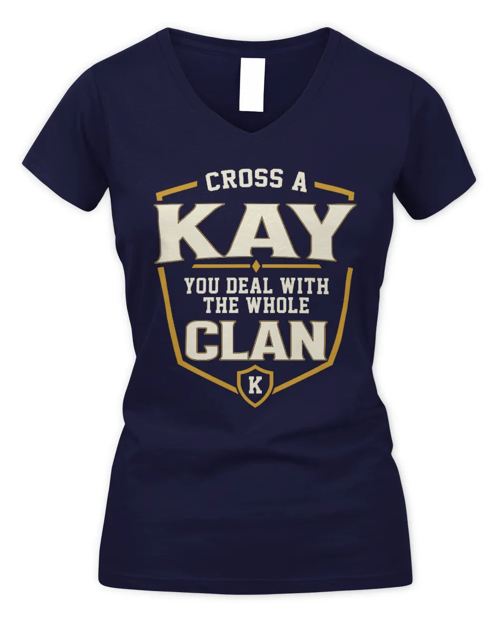 KAY NT1-K008 Cross A/An NAME, You Deal With the Whole Clan | Personalized Vintage T-Shirt - Women's V-Neck T-Shirt - Navy