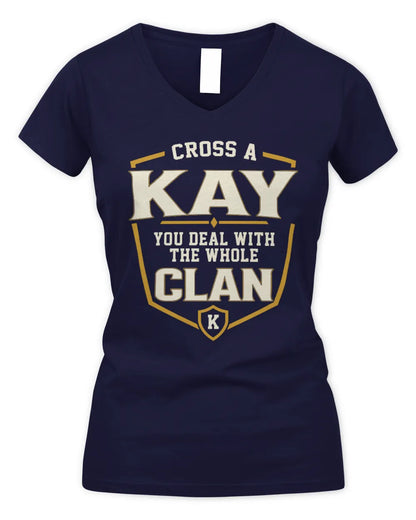 KAY NT1-K008 Cross A/An NAME, You Deal With the Whole Clan | Personalized Vintage T-Shirt - Women's V-Neck T-Shirt - Navy