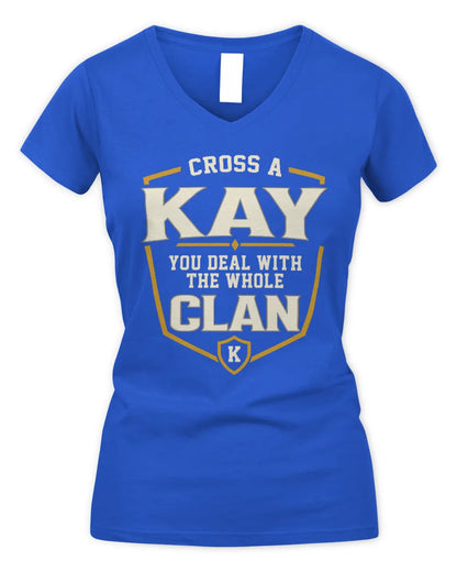 KAY NT1-K008 Cross A/An NAME, You Deal With the Whole Clan | Personalized Vintage T-Shirt - Women's V-Neck T-Shirt - Royal