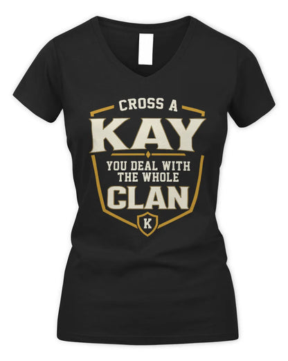 KAY NT1-K008 Cross A/An NAME, You Deal With the Whole Clan | Personalized Vintage T-Shirt - Women's V-Neck T-Shirt - Black