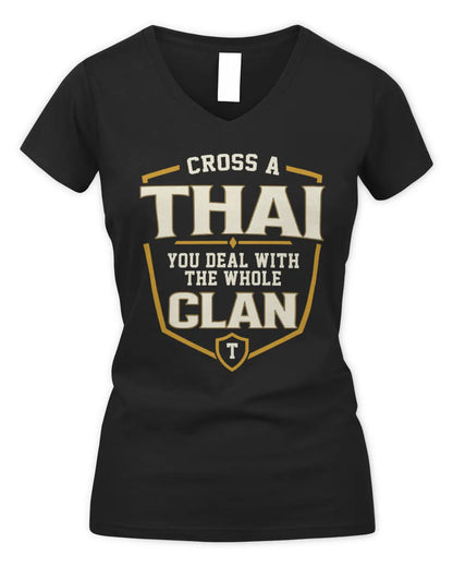 THAI NT1-K008 Cross A/An NAME, You Deal With the Whole Clan | Personalized Vintage T-Shirt - Women's V-Neck T-Shirt - Black
