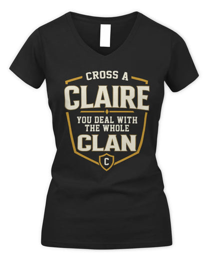 CLAIRE NT1-K008 Cross A/An NAME, You Deal With the Whole Clan | Personalized Vintage T-Shirt - Women's V-Neck T-Shirt - Black
