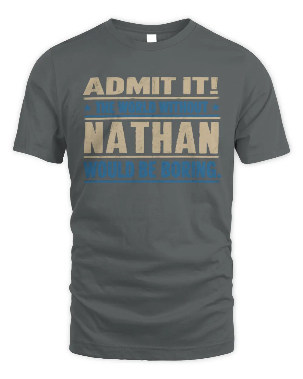 NATHAN TP68-K2-968 – Personalized Funny Quote Apparel “The World Without NAME Would Be Boring” - Unisex Standard T-Shirt - Charcoal