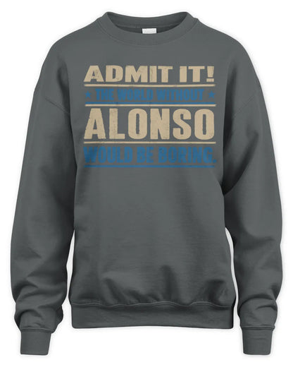ALONSO TP68-K2-968 – Personalized Funny Quote Apparel “The World Without NAME Would Be Boring” - Unisex Sweatshirt - Charcoal