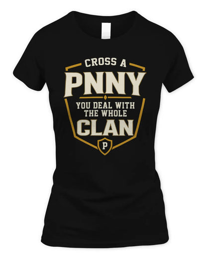 PNNY NT1-K008 Cross A/An NAME, You Deal With the Whole Clan | Personalized Vintage T-Shirt - Women's Standard T-Shirt - Black