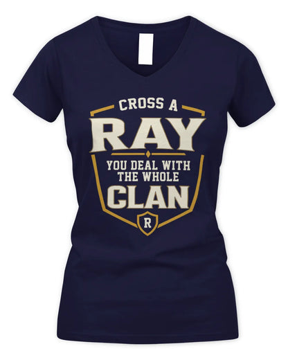 RAY NT1-K008 Cross A/An NAME, You Deal With the Whole Clan | Personalized Vintage T-Shirt - Women's V-Neck T-Shirt - Navy