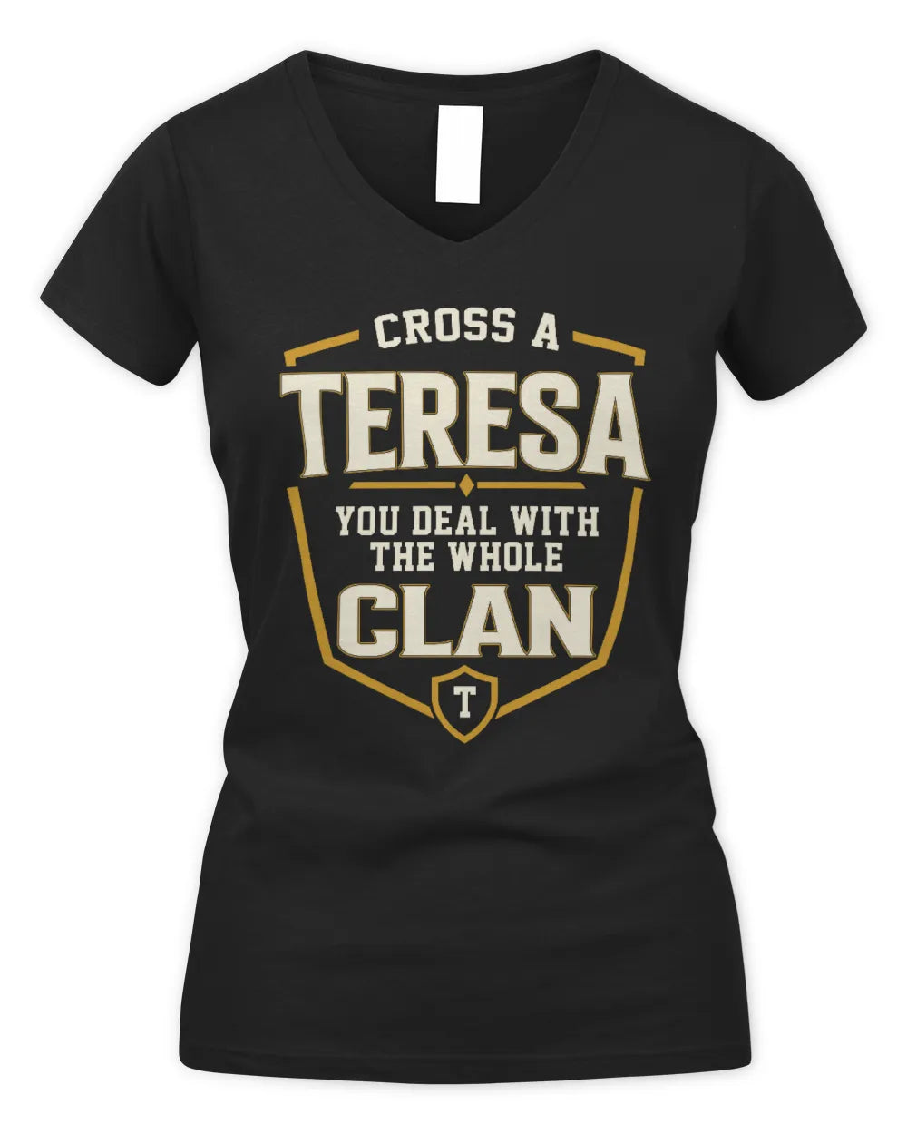 TERESA NT1-K008 Cross A/An NAME, You Deal With the Whole Clan | Personalized Vintage T-Shirt - Women's V-Neck T-Shirt - Black