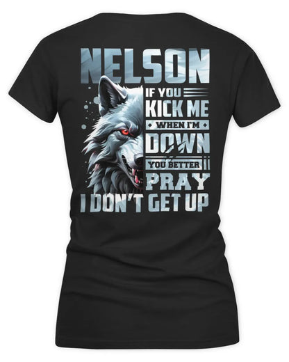 NELSON AP62-K4-666 - Personalized Fierce Wolf Quote Apparel “If You Kick Me When I’m Down, You Better Pray I Don’t Get Up” - Women's V-Neck T-Shirt - Black