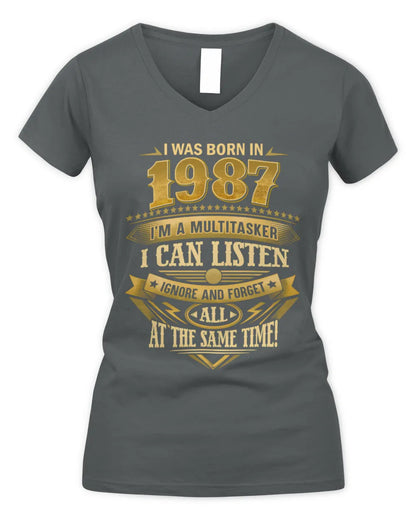 1987 HH89-K2 – Funny Birth Year Multitasker Quote T-Shirt - Women's V-Neck T-Shirt - Charcoal