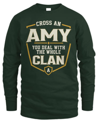 AMY NT1-K008 Cross A/An NAME, You Deal With the Whole Clan | Personalized Vintage T-Shirt - Men's Long Sleeved T-Shirt - Forest Green