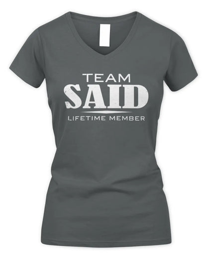 SAID BL62-K4-128 - Personalized “Team NAME Lifetime Member” - Women's V-Neck T-Shirt - Charcoal