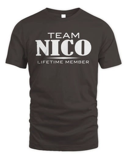 NICO BL62-K4-128 - Personalized “Team NAME Lifetime Member” - Unisex Standard T-Shirt - Dark Chocolate