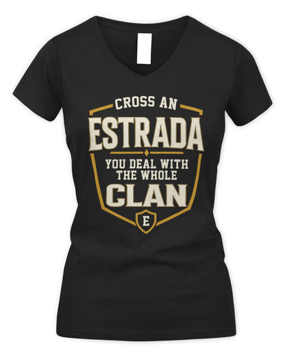 ESTRADA NT1-K008 Cross A/An NAME, You Deal With the Whole Clan | Personalized Vintage T-Shirt - Women's V-Neck T-Shirt - Black