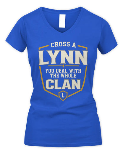 LYNN NT1-K008 Cross A/An NAME, You Deal With the Whole Clan | Personalized Vintage T-Shirt - Women's V-Neck T-Shirt - Royal