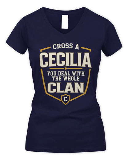 CECILIA NT1-K008 Cross A/An NAME, You Deal With the Whole Clan | Personalized Vintage T-Shirt - Women's V-Neck T-Shirt - Navy