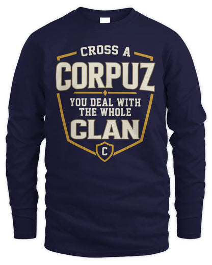 CORPUZ NT1-K008 Cross A/An NAME, You Deal With the Whole Clan | Personalized Vintage T-Shirt - Men's Long Sleeved T-Shirt - Navy