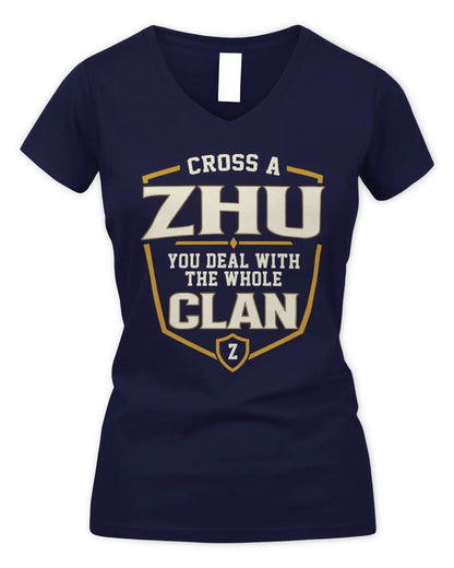 ZHU NT1-K008 Cross A/An NAME, You Deal With the Whole Clan | Personalized Vintage T-Shirt - Women's V-Neck T-Shirt - Navy